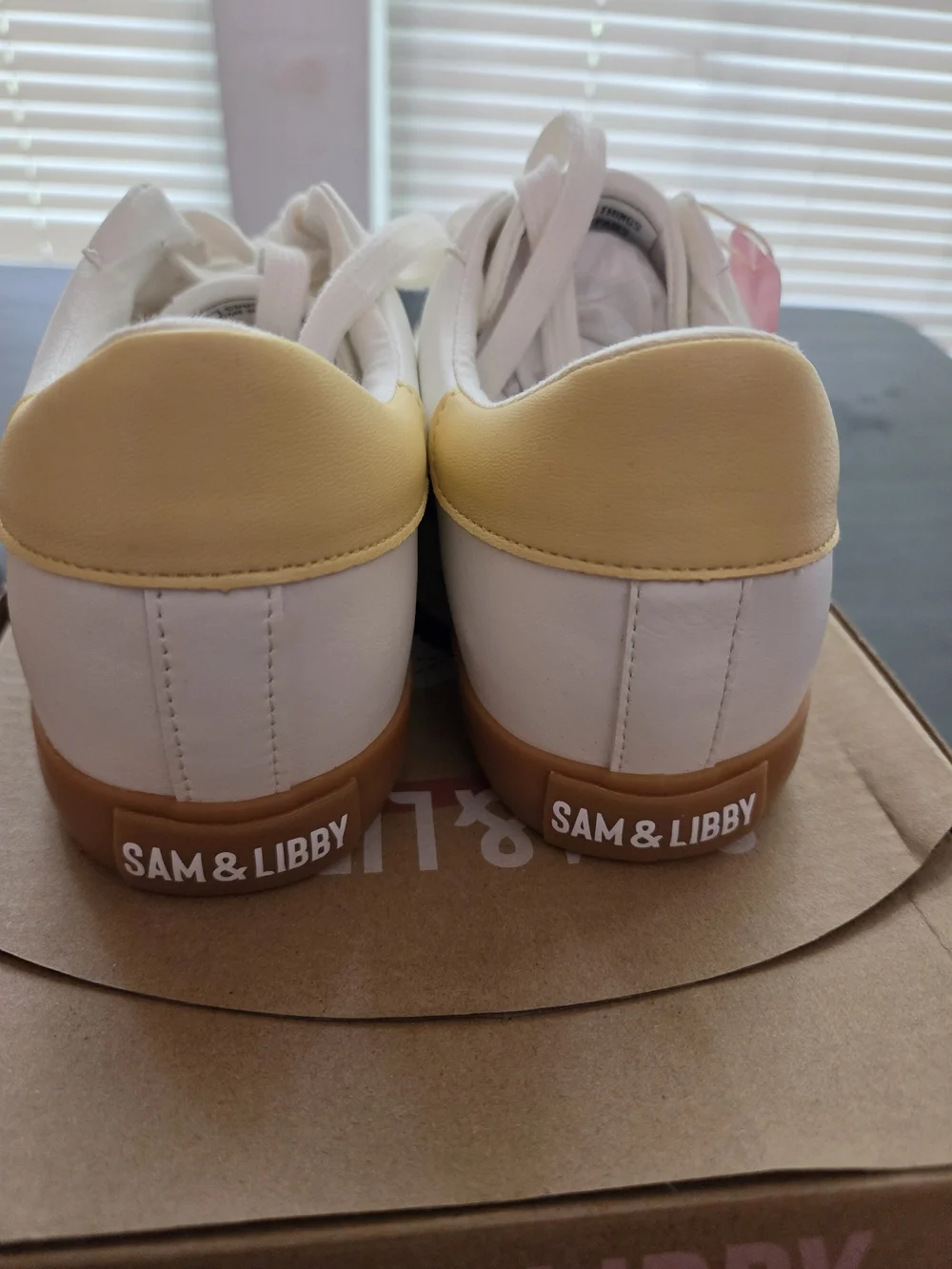 Sam & Libby Women's bright white  Leather Lace-Up Sneakers with Yellow Accent